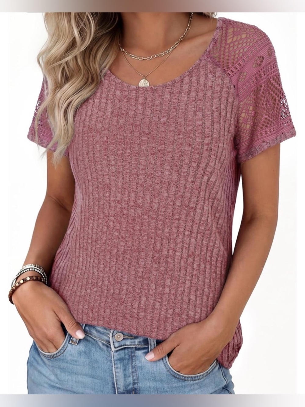 NWT~Women’s Top w/Lace Knit Sleeves